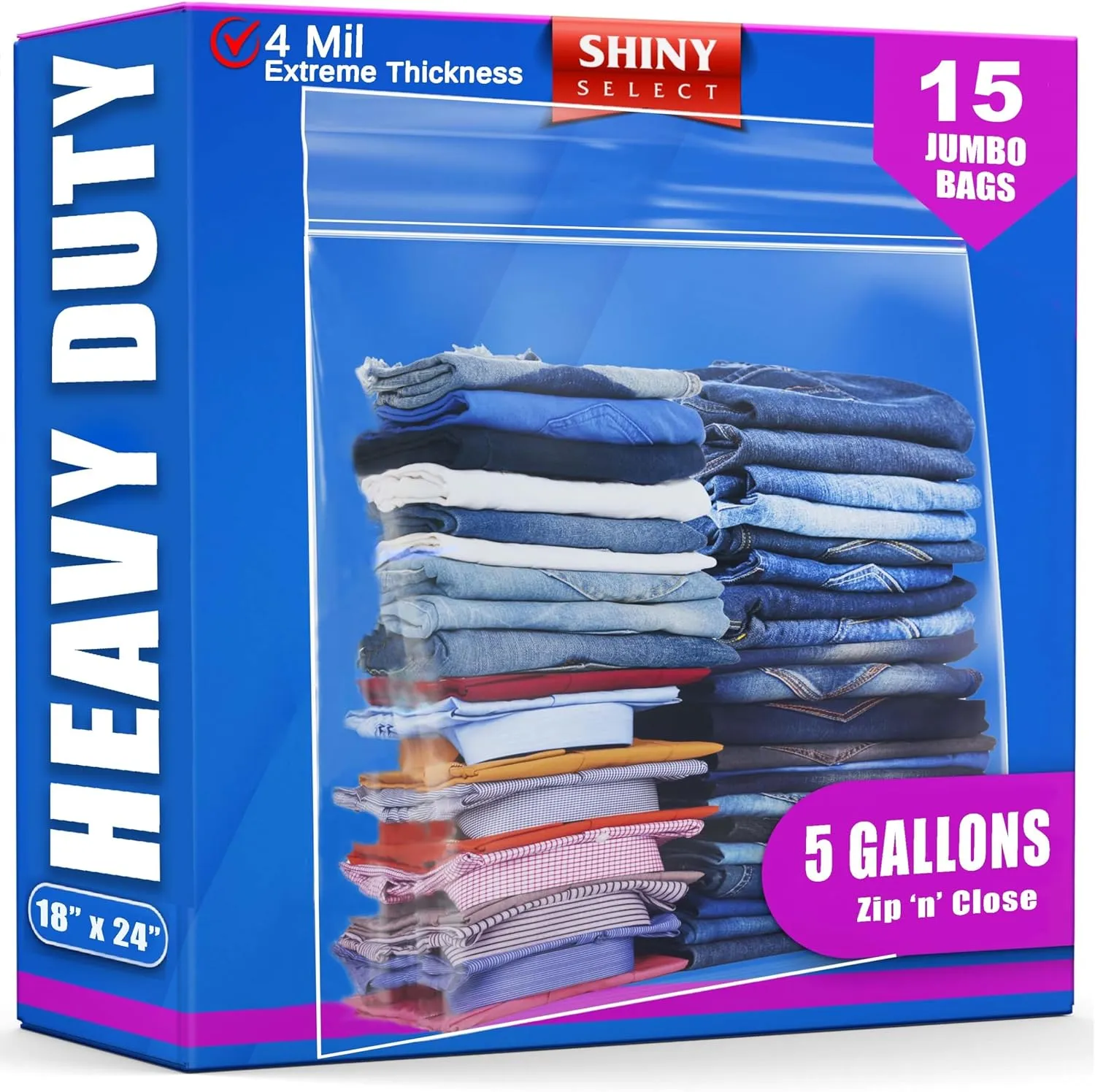 [ 15 COUNT ] Extra Large HEAVY DUTY 5 GALLON Big bags - Zipper Top - 4 MILL THICK Clear Food Storage Plastic Bags - 18" x 24" - Reclosable Zip Jumbo Bags for Moving, Traveling, Clothing, Bedding,