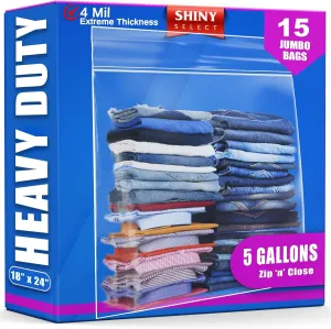[ 15 COUNT ] Extra Large HEAVY DUTY 5 GALLON Big bags - Zipper Top - 4 MILL THICK Clear Food Storage Plastic Bags - 18" x 24" - Reclosable Zip Jumbo Bags for Moving, Traveling, Clothing, Bedding,