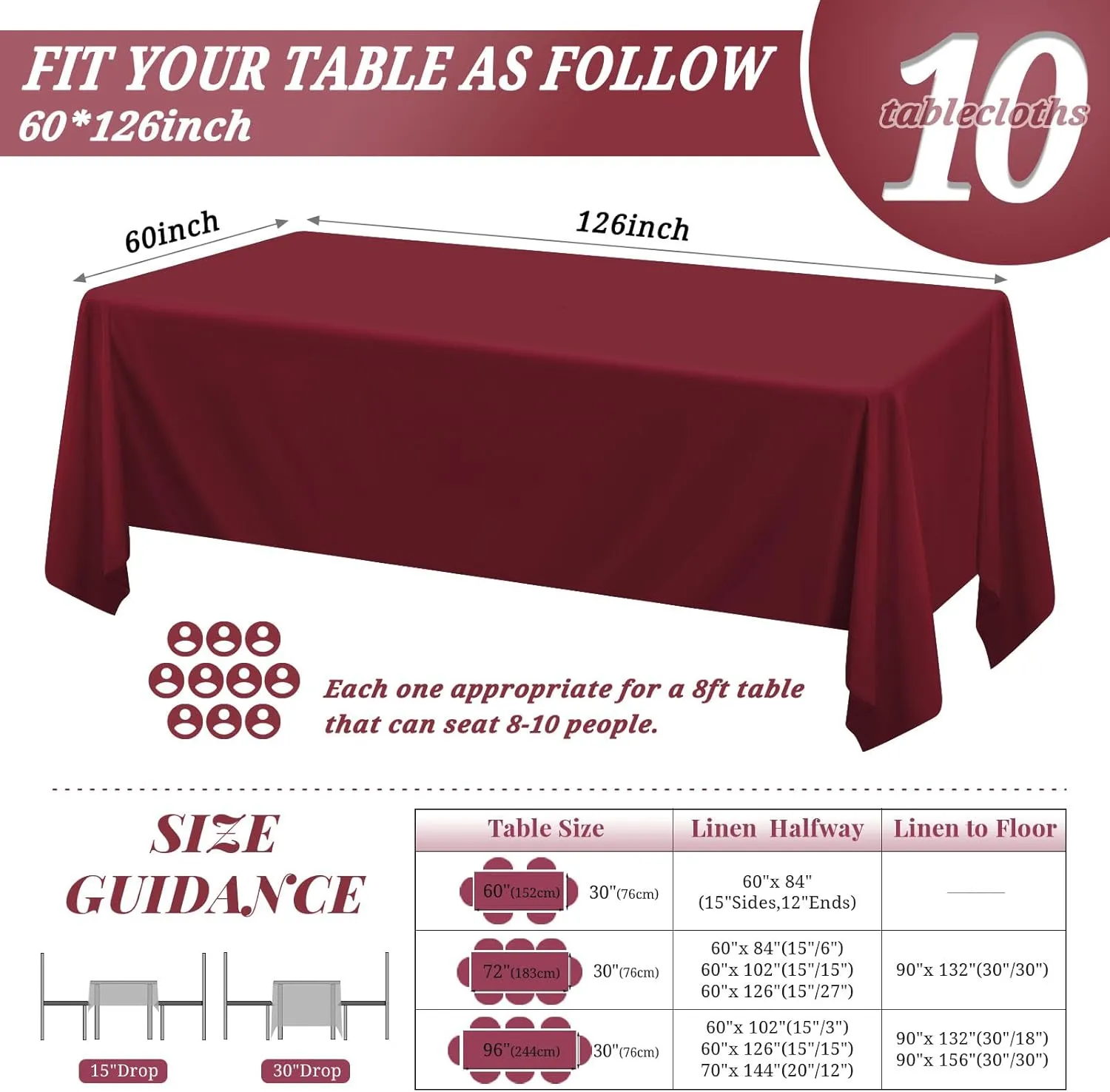 10 Pack 60 x 126 Inch Rectangle Tablecloth, Burgundy Tablecloth for 8 Feet Rectangle Tables, Stain and Wrinkle Resistant Washable Fabric Table Cloth for Wedding Dining Table Buffet Parties Camping