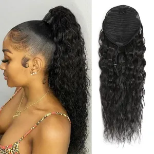 100% Human Hair Drawstring Ponytail Extension Water Wave in Natural Color 1B Corn Wave Ponytail Clip in Extensions for Black Women (12 Inch)