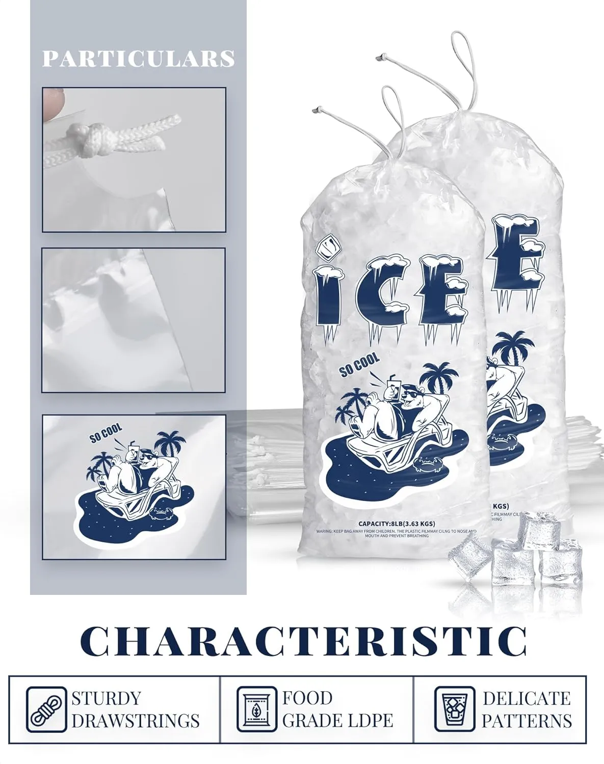 100 Pack Ice Bags 10 lb, Heavy-Duty Ice Bags with Drawstring(2 Mils Thickness)