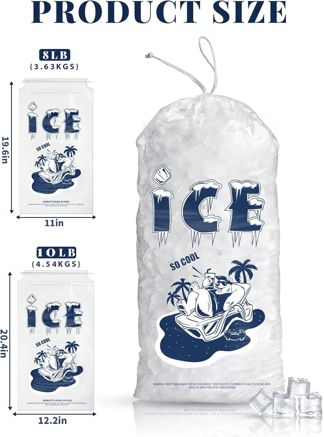 100 Pack Ice Bags 10 lb, Heavy-Duty Ice Bags with Drawstring(2 Mils Thickness)