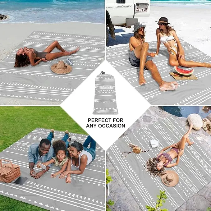110''×118'' Extra Large Beach Blanket for 8 Adults, Outdoor Beach Mat Sand Free Waterproof with 4 Stakes & 4 Corner Pockets, Polyester Lightweight Foldable Grey Picnic Mat for Travel, Camping, Hiking