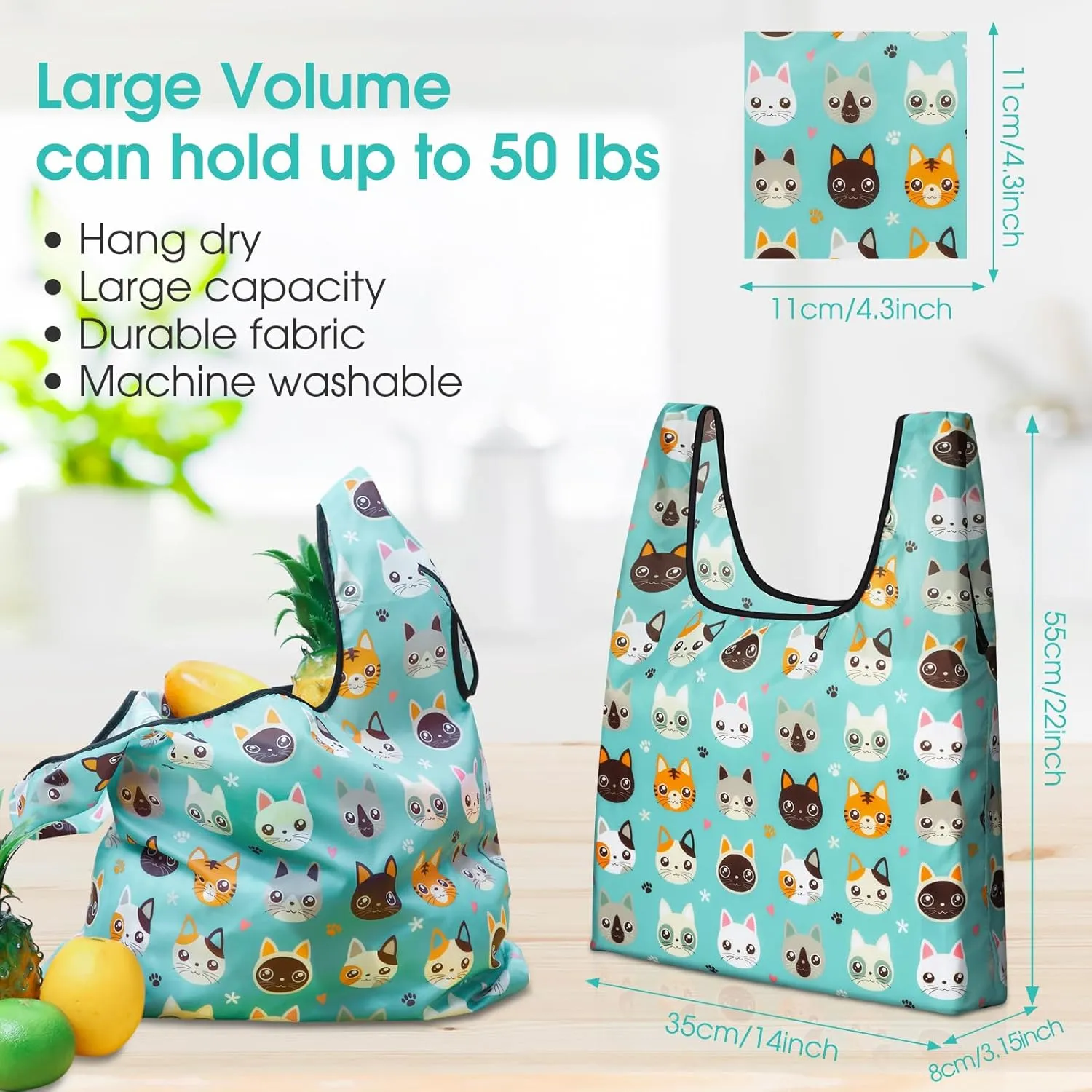 12 Pcs Reusable Grocery Bag Foldable Shopping Tote for Women Washable Tote Bag Bulk with Handles Gift Bag(Cat)