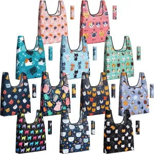 12 Pcs Reusable Grocery Bag Foldable Shopping Tote for Women Washable Tote Bag Bulk with Handles Gift Bag(Cat)