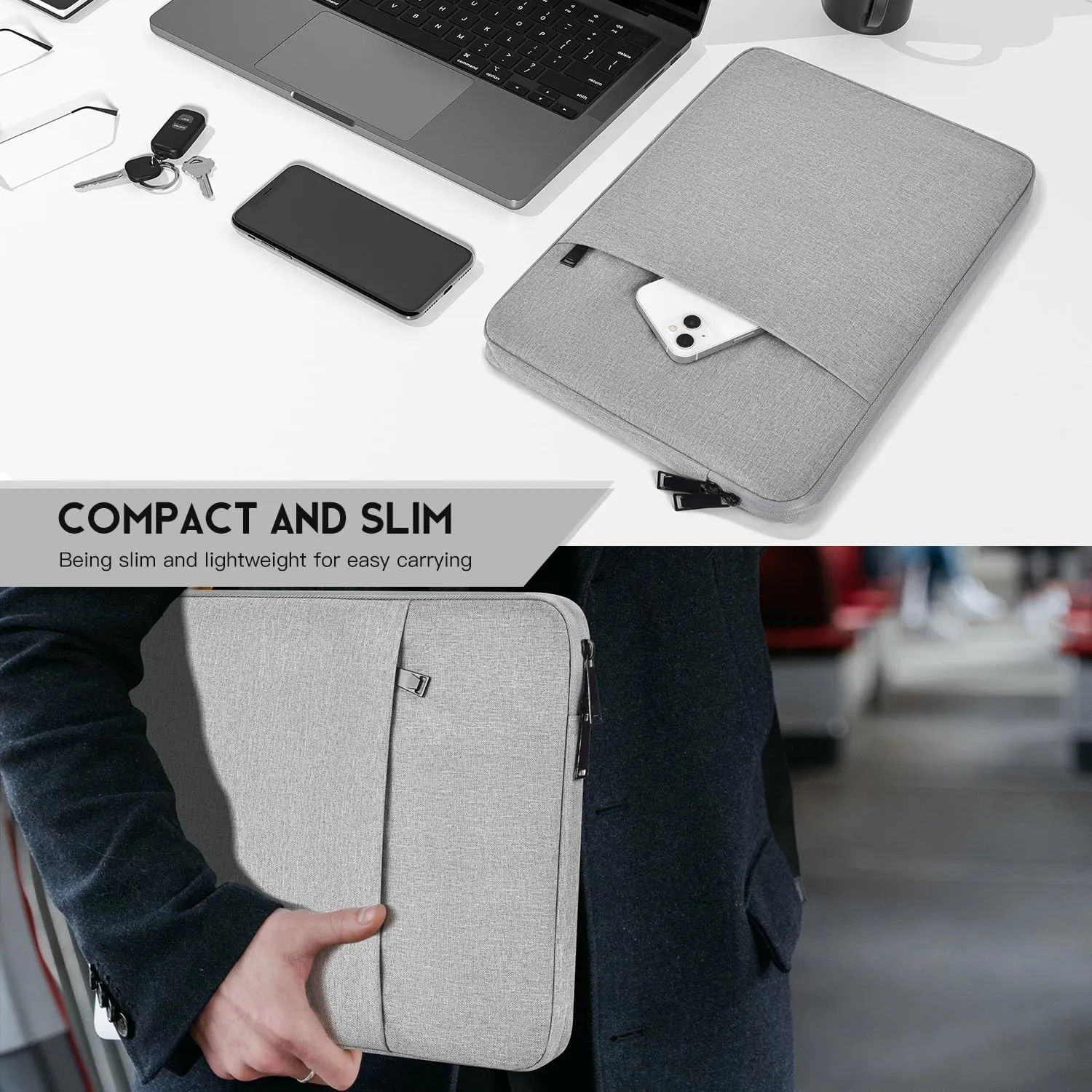 14 inch Laptop Sleeve Case for HP Lenovo Dell ASUS Acer Chromebook 14, HP Stream 14, Dell XPS 15, Inspiron 14, Lenovo ideapad 14, Asus Zenbook 14, Razer Blade 15 Water-Resistant Computer Bag -Grey