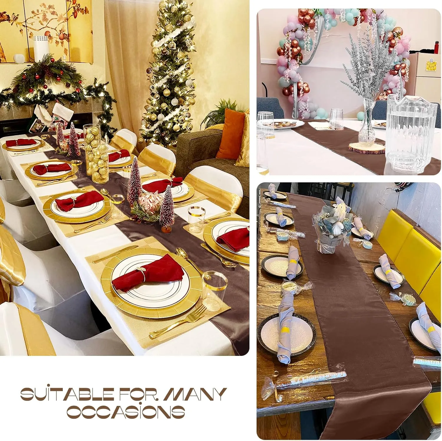 15 Pack Brown Satin Table Runners 12 x 108 Inch Long Table Runners for Rectangle Round Tables, Smooth Satin Table Runner for Wedding,Birthday Party Banquets Graduation Engagements Decoration