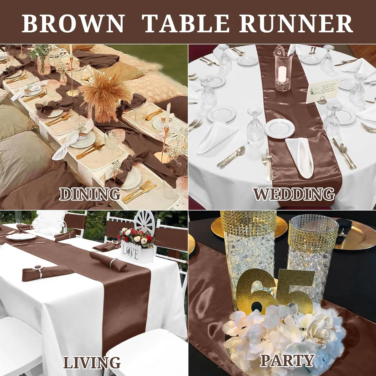 15 Pack Brown Satin Table Runners 12 x 108 Inch Long Table Runners for Rectangle Round Tables, Smooth Satin Table Runner for Wedding,Birthday Party Banquets Graduation Engagements Decoration