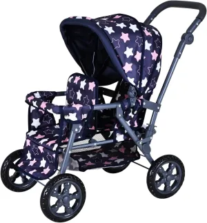16643 Big Twin Baby Doll Stroller - Pink Star Blue
