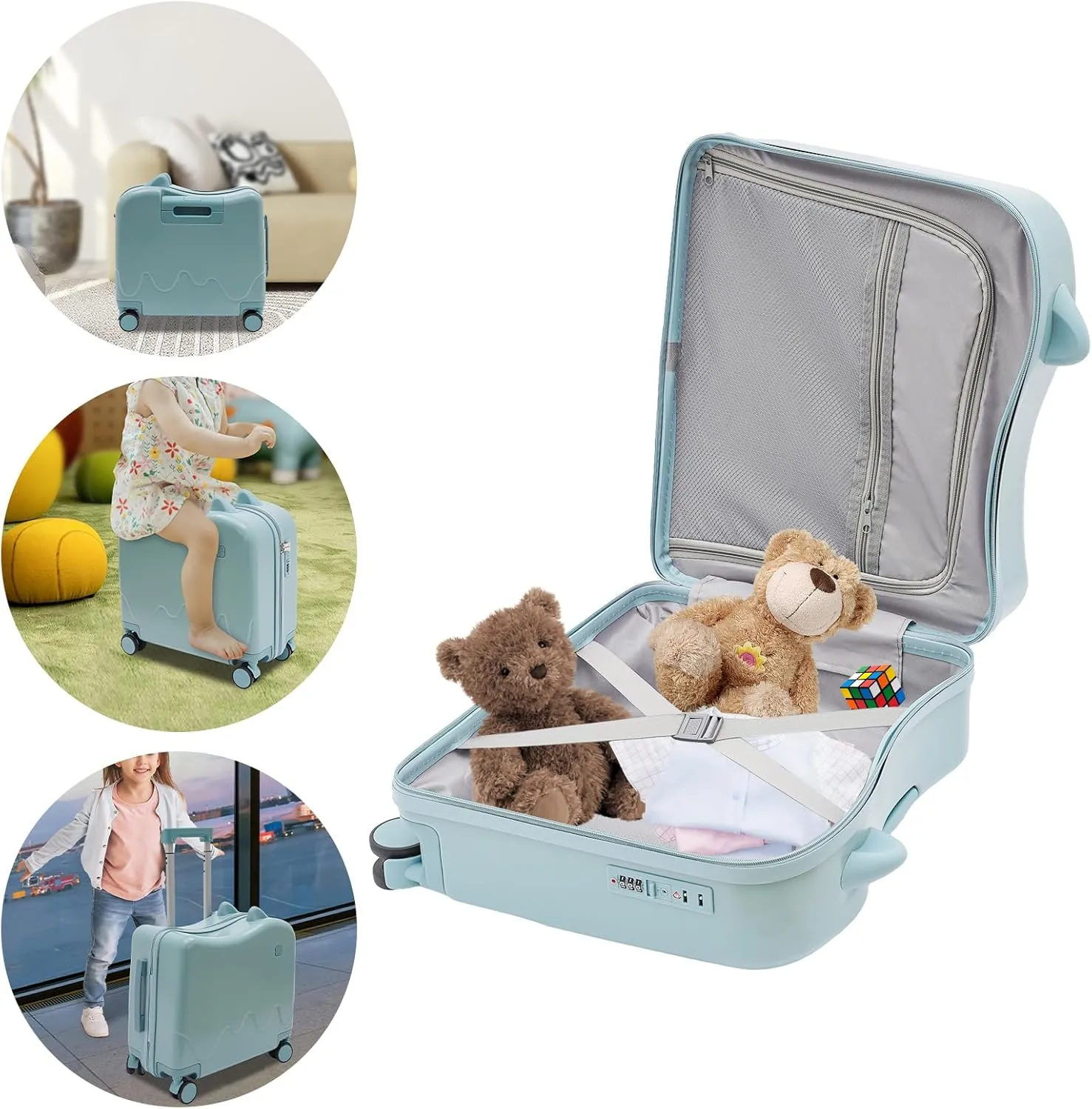 18" Kids Riding Suitcase, Rectangular Kids Luggage, Travel Trolley Case, Freestanding Rolling Luggage with Lock for Short Trips, School Trips, Outings (Azure Blue)