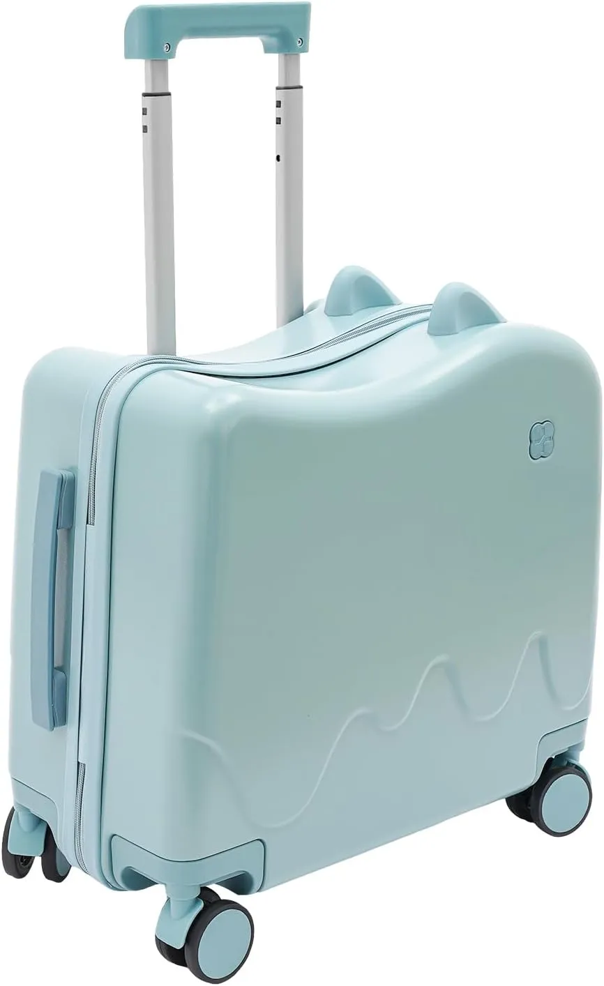 18" Kids Riding Suitcase, Rectangular Kids Luggage, Travel Trolley Case, Freestanding Rolling Luggage with Lock for Short Trips, School Trips, Outings (Azure Blue)