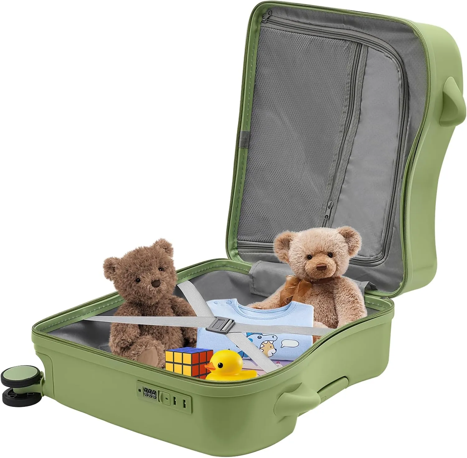 18" Kids Riding Suitcase, Rectangular Kids Luggage, Travel Trolley Case, Freestanding Rolling Luggage with Lock for Short Trips, School Trips, Outings (Olive Green)