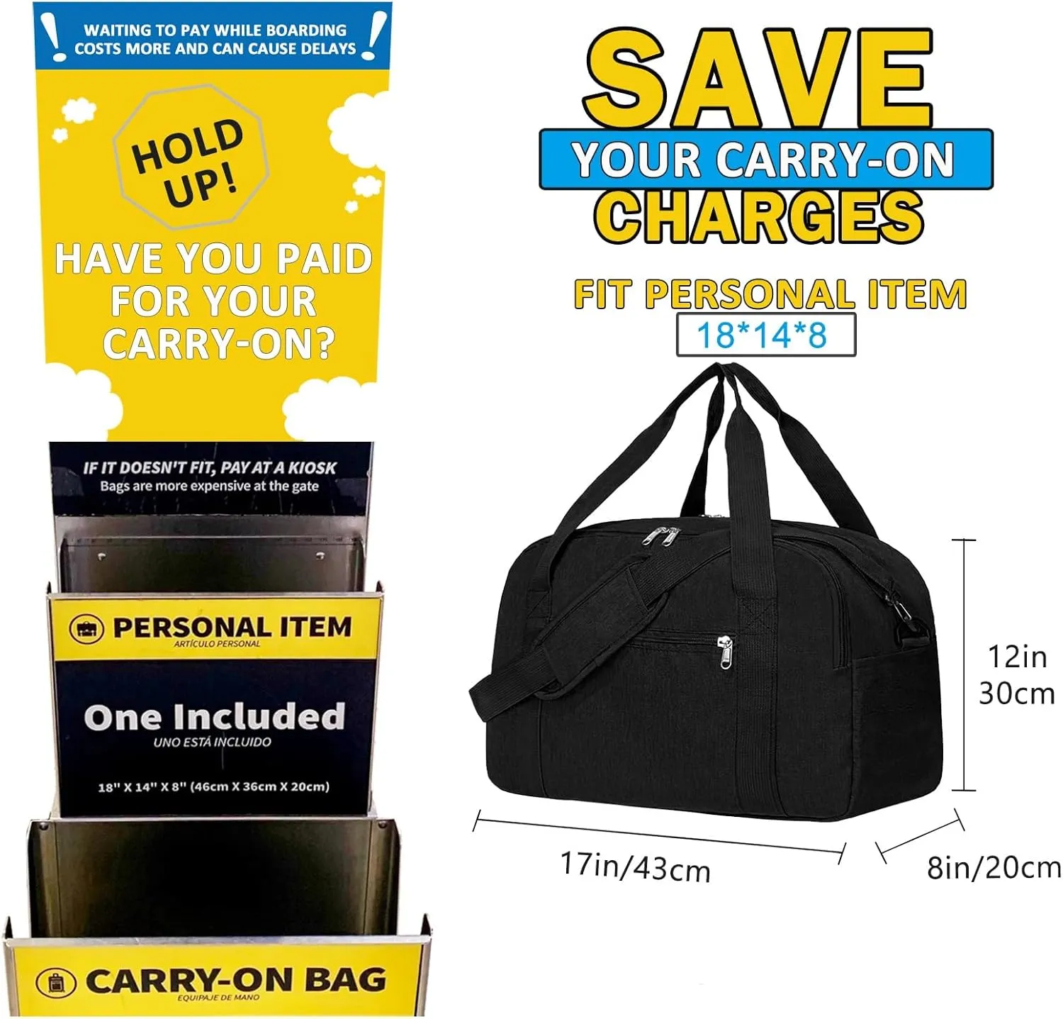 18" Small Carry on Bags for Airplanes with Laptop & Wet Compartment Underseat for Spirit Airlines Personal Item Travel Bag 18x14x8 in Duffle Gym Bag for Women Men