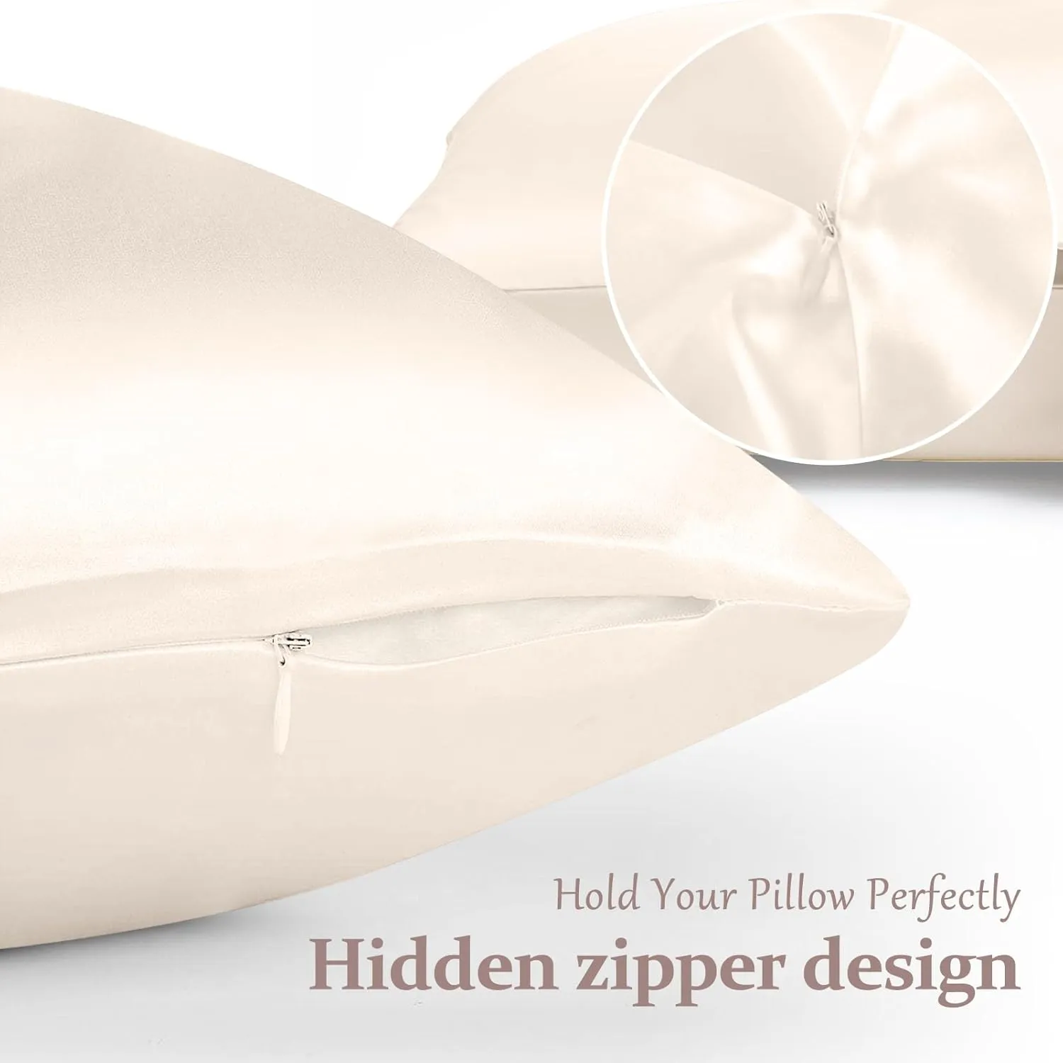 2 Pack 100% Pure Silk Pillowcase for Hair and Skin, Both Sides Mulberry Silk Pillowcases with Hidden Zipper, Cooling Pillowcase 19 Momme, 600 Thread Silk Pillow Cases Standard Size, Beige