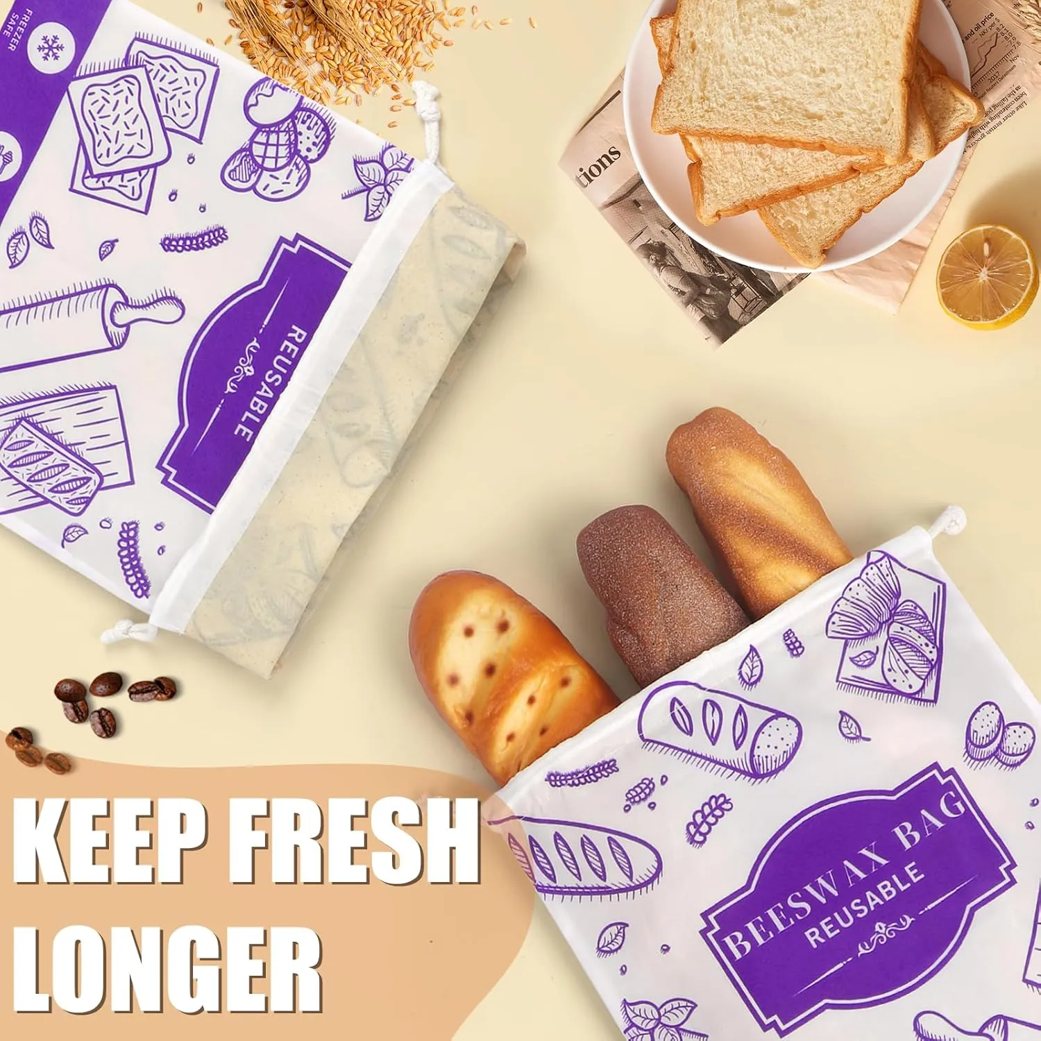 2-Pack Beeswax Bread Bags for Homemade Bread, Purple Reusable Sourdough Storage Bags with Premium Beeswax Coating for Loafs Baguette Fresh Keeping,Great Homesteading Essentials and Baking Gifts.