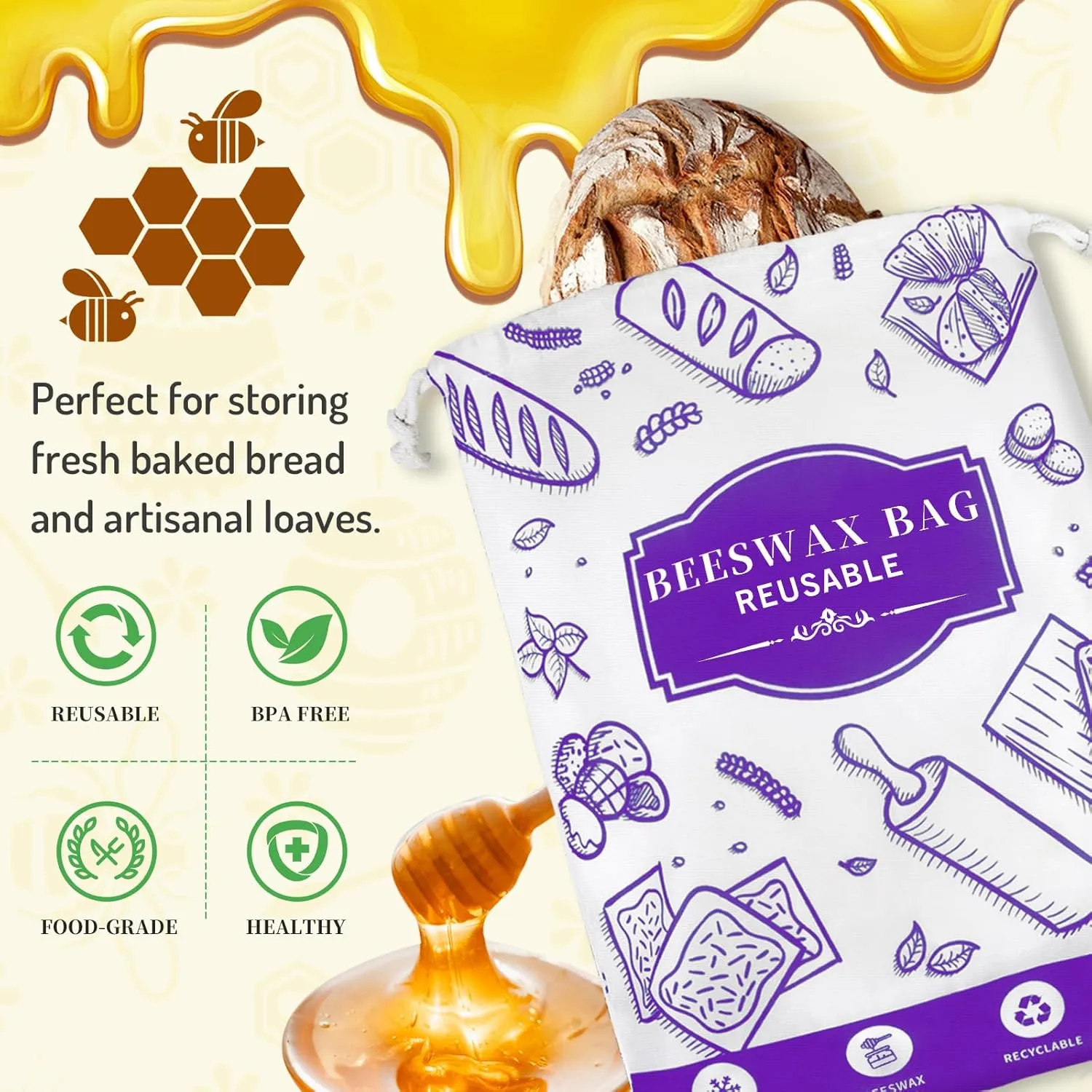 2-Pack Beeswax Bread Bags for Homemade Bread, Purple Reusable Sourdough Storage Bags with Premium Beeswax Coating for Loafs Baguette Fresh Keeping,Great Homesteading Essentials and Baking Gifts.