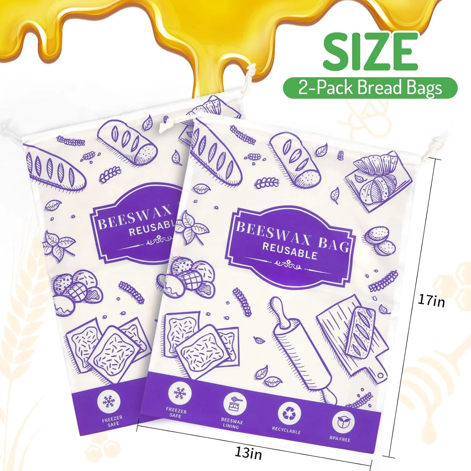 2-Pack Beeswax Bread Bags for Homemade Bread, Purple Reusable Sourdough Storage Bags with Premium Beeswax Coating for Loafs Baguette Fresh Keeping,Great Homesteading Essentials and Baking Gifts.