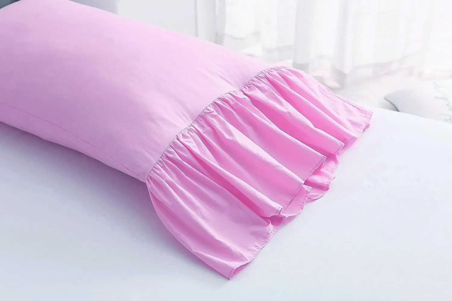 2-Pack Pink Pillow Cases Shams Covers with Long Ruffles Mermaid Fishtail Pure Cotton Queen Size 30”X20 Boudoir