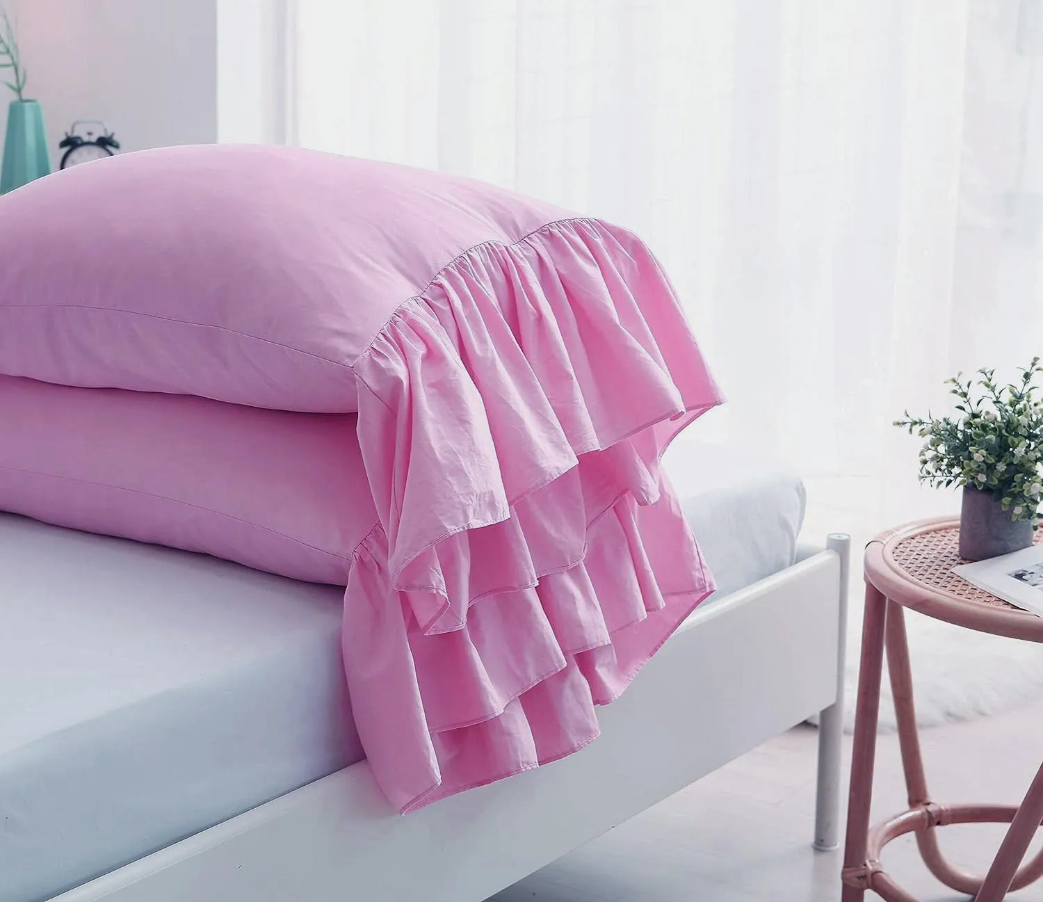 2-Pack Pink Pillow Cases Shams Covers with Long Ruffles Mermaid Fishtail Pure Cotton Queen Size 30”X20 Boudoir