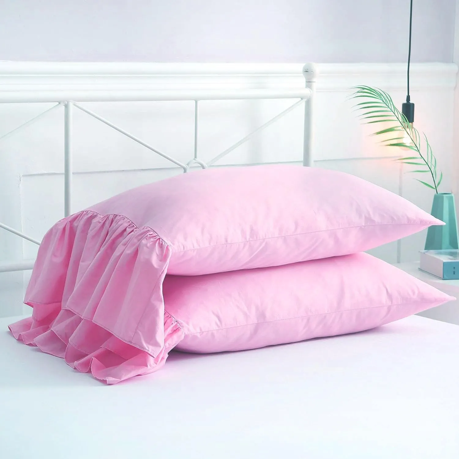 2-Pack Pink Pillow Cases Shams Covers with Long Ruffles Mermaid Fishtail Pure Cotton Queen Size 30”X20 Boudoir