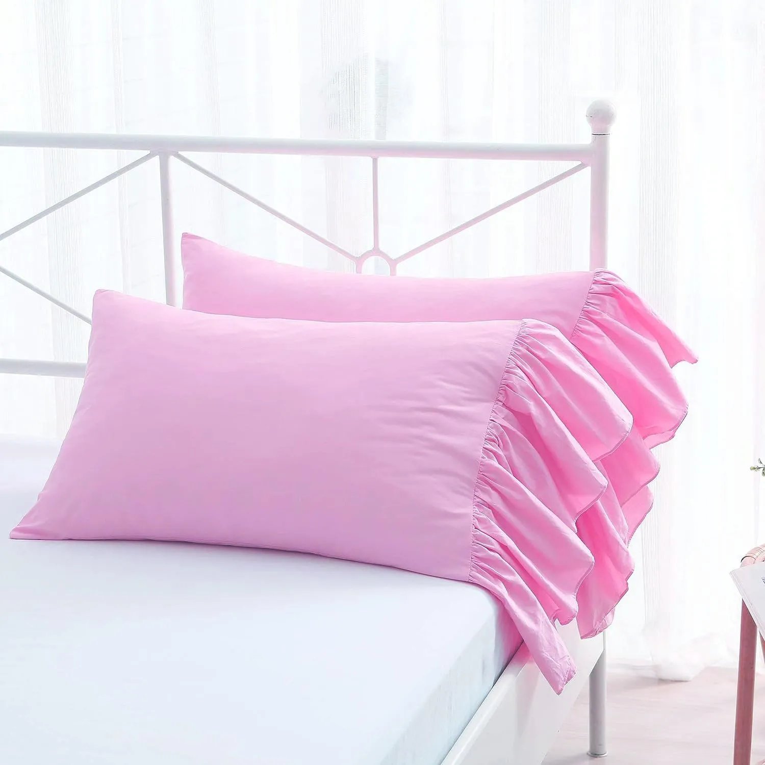 2-Pack Pink Pillow Cases Shams Covers with Long Ruffles Mermaid Fishtail Pure Cotton Queen Size 30”X20 Boudoir