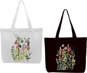 2 Pcs Canvas Tote Bag Floral Set Canvas Bag for Work Shopping Beach Grocery Christmas Birthday Gift for Women