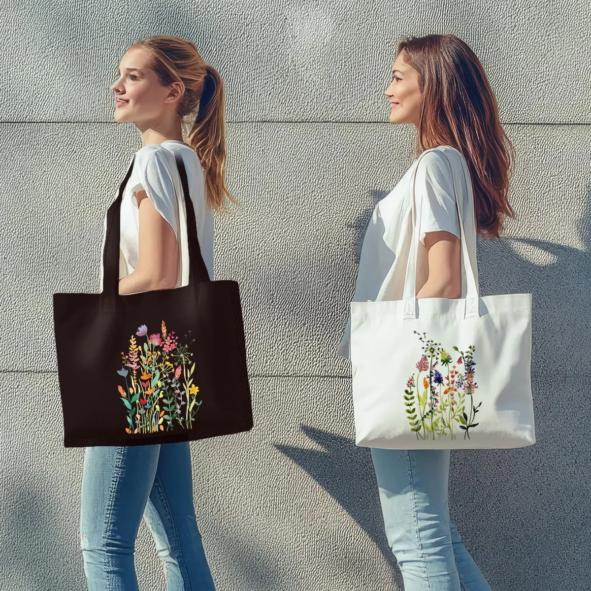 2 Pcs Canvas Tote Bag Floral Set Canvas Bag for Work Shopping Beach Grocery Christmas Birthday Gift for Women