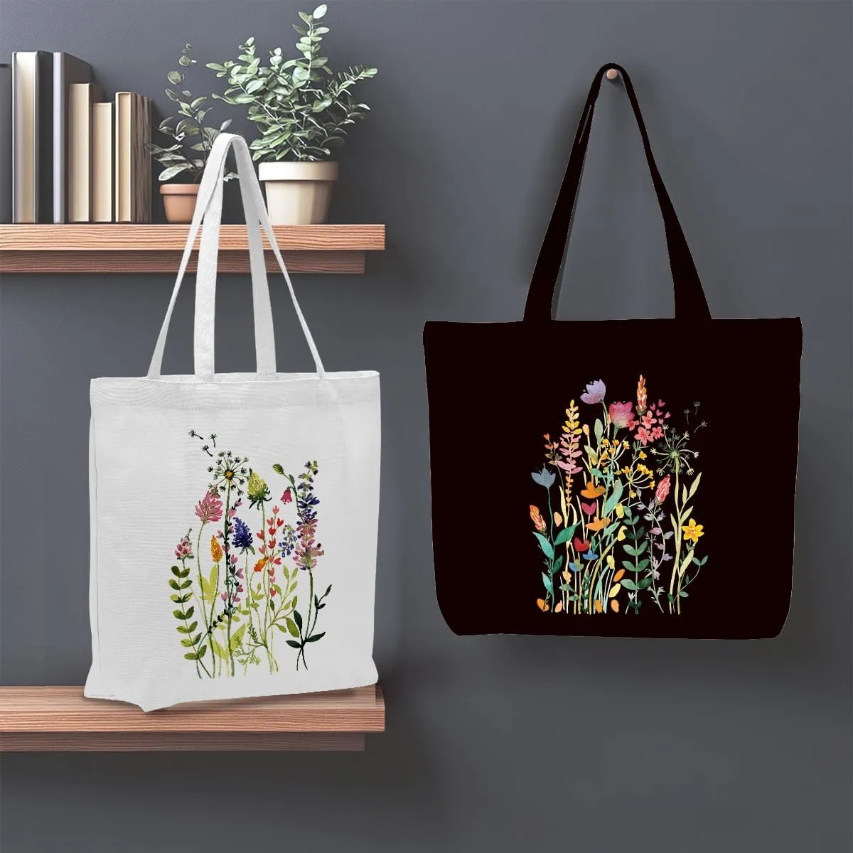 2 Pcs Canvas Tote Bag Floral Set Canvas Bag for Work Shopping Beach Grocery Christmas Birthday Gift for Women