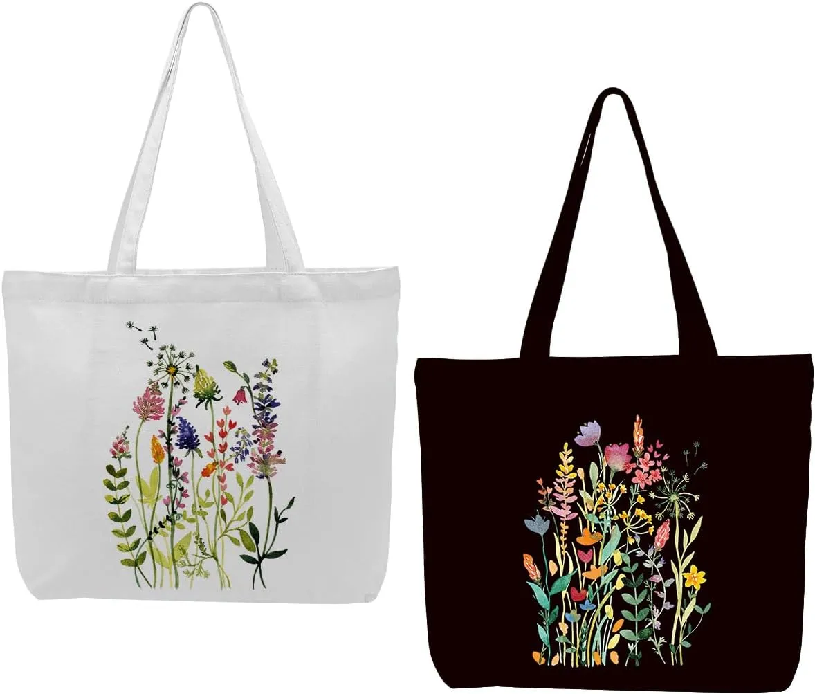 2 Pcs Canvas Tote Bag Floral Set Canvas Bag for Work Shopping Beach Grocery Christmas Birthday Gift for Women