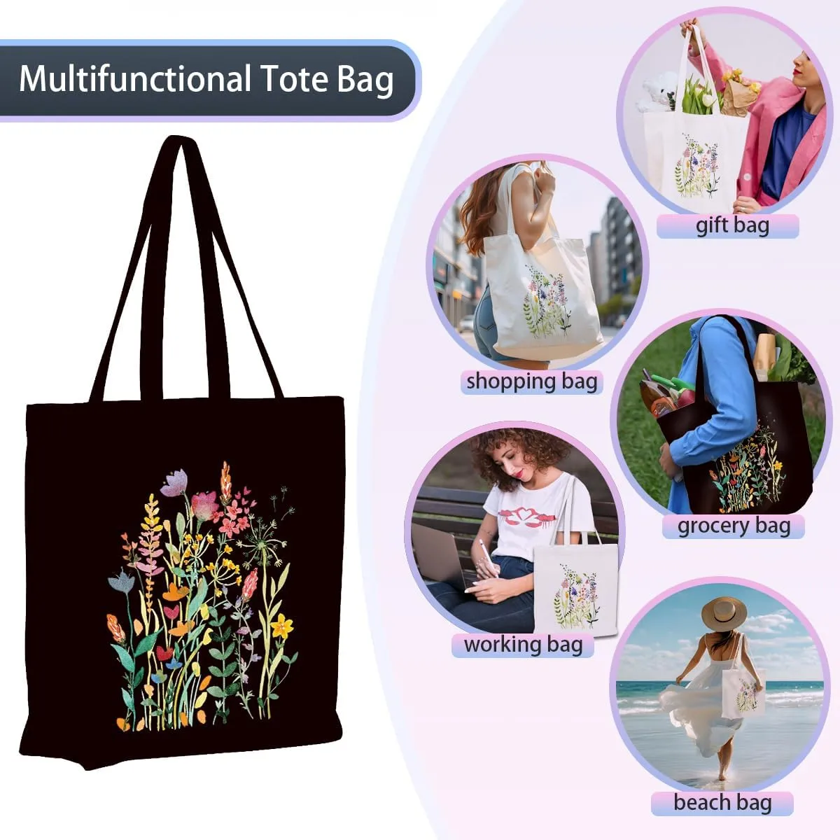2 Pcs Canvas Tote Bag Floral Set Canvas Bag for Work Shopping Beach Grocery Christmas Birthday Gift for Women