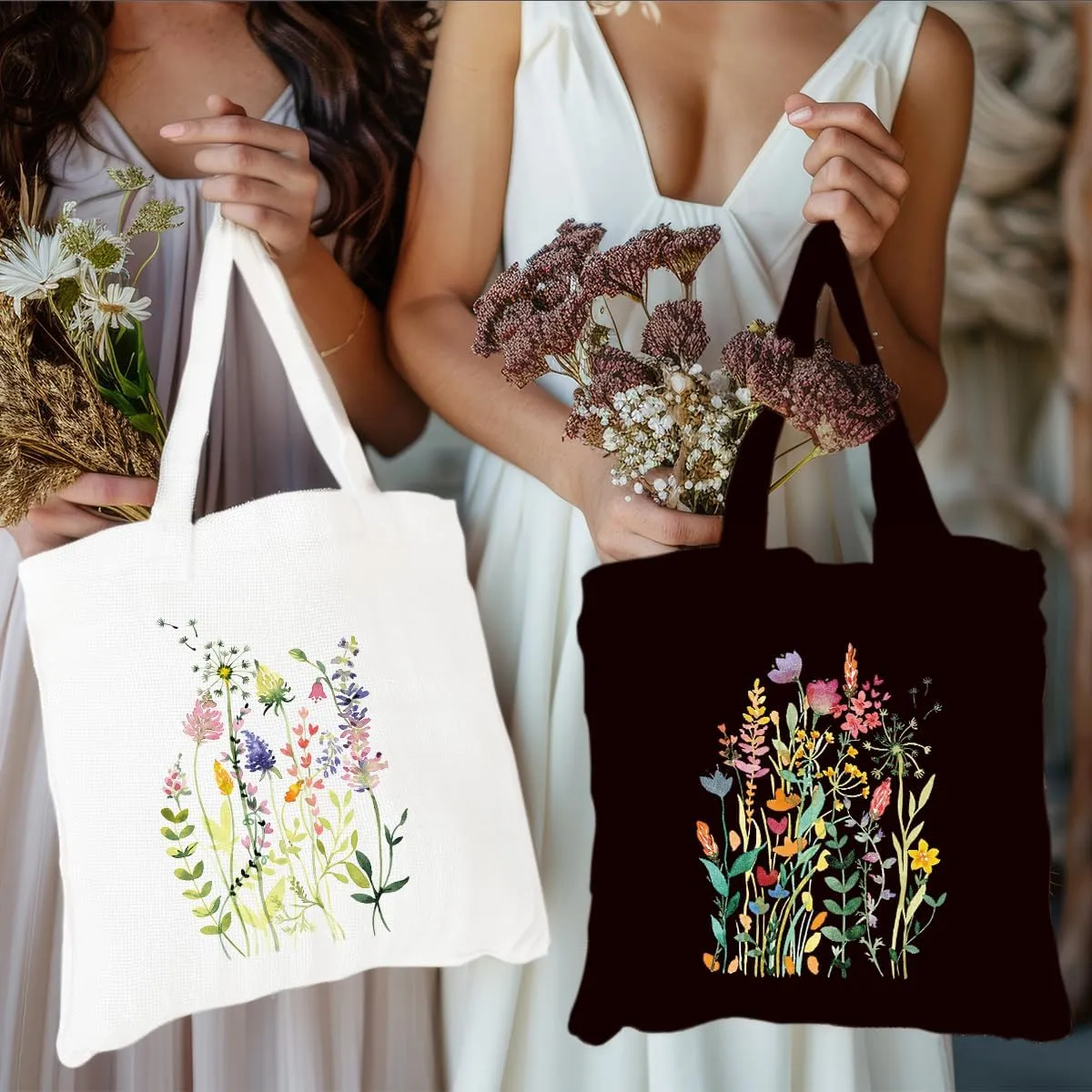 2 Pcs Canvas Tote Bag Floral Set Canvas Bag for Work Shopping Beach Grocery Christmas Birthday Gift for Women