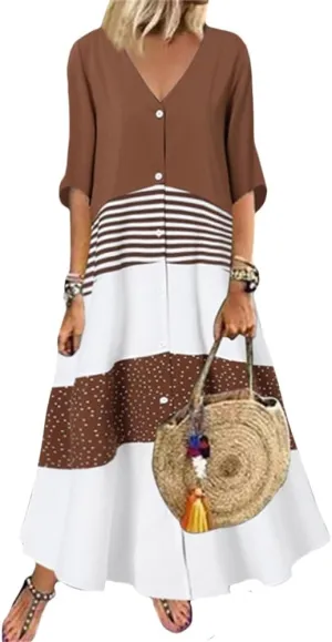 2024 Women’s Summer Loose Fit Maxi Dress V Neck Half Sleeve Striped Print Long Dresses with Buttons