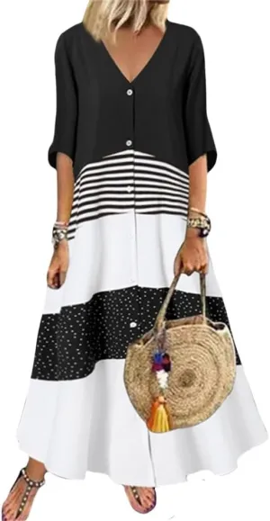 2024 Women’s Summer Loose Fit Maxi Dress V Neck Half Sleeve Striped Print Long Dresses with Buttons
