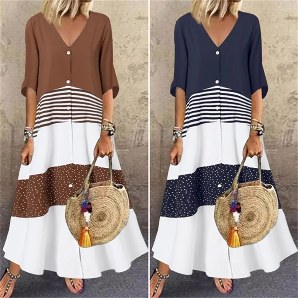 2024 Women’s Summer Loose Fit Maxi Dress V Neck Half Sleeve Striped Print Long Dresses with Buttons