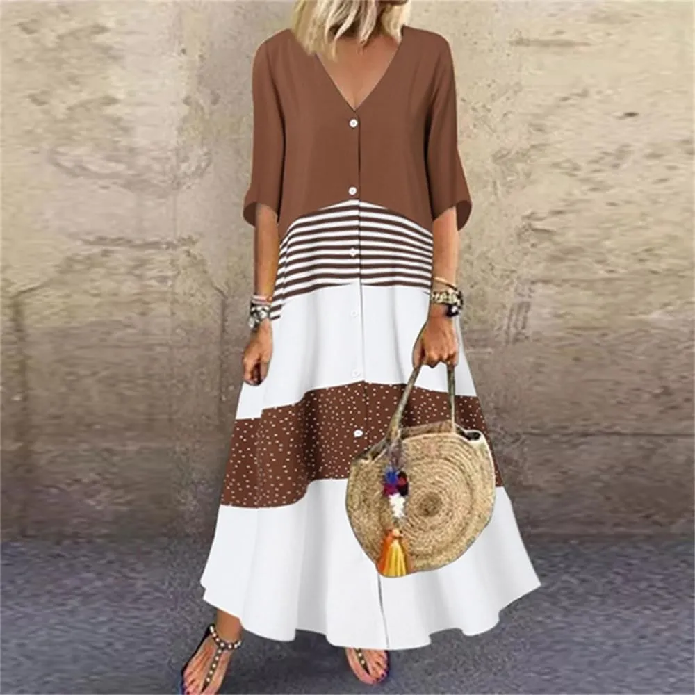 2024 Women’s Summer Loose Fit Maxi Dress V Neck Half Sleeve Striped Print Long Dresses with Buttons
