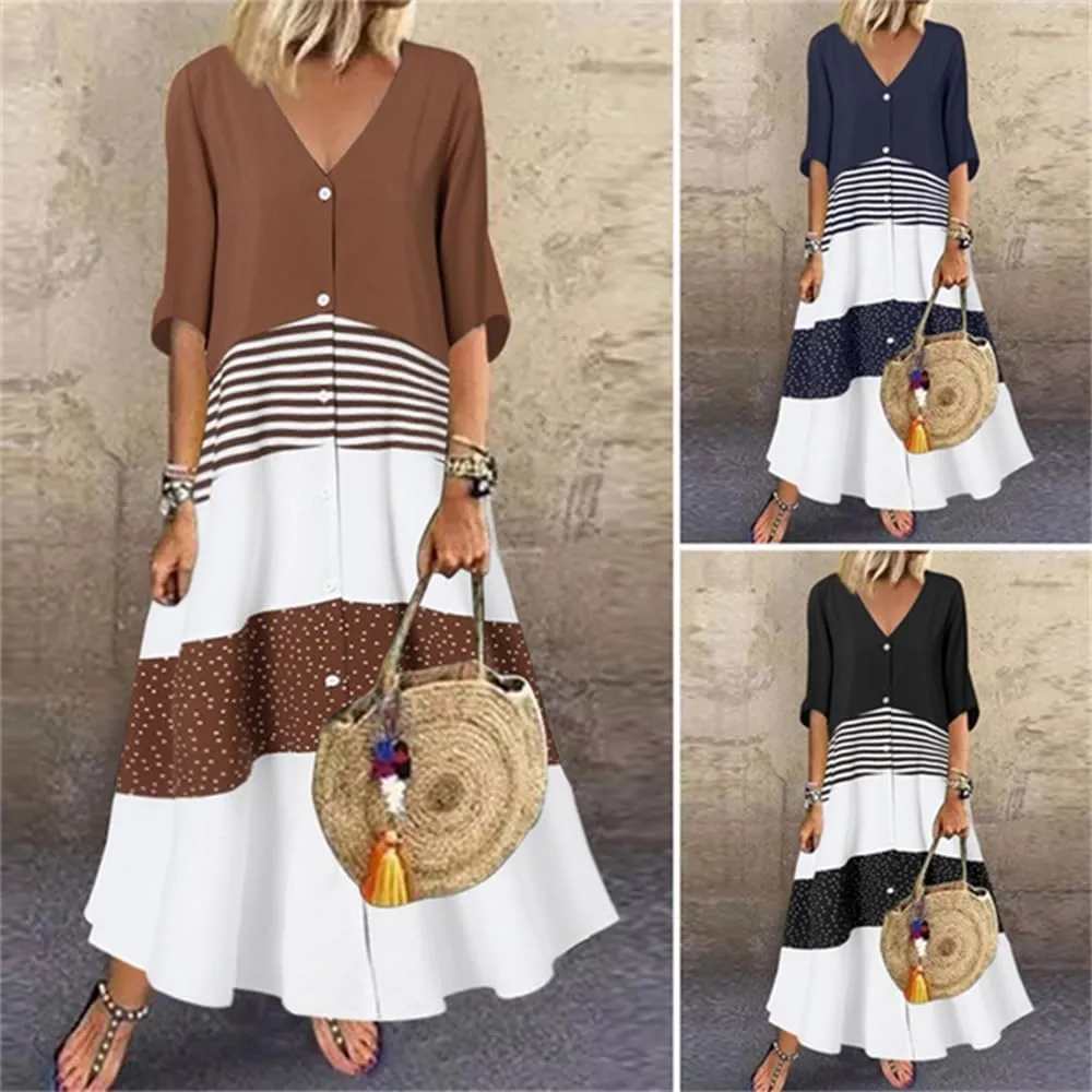 2024 Women’s Summer Loose Fit Maxi Dress V Neck Half Sleeve Striped Print Long Dresses with Buttons