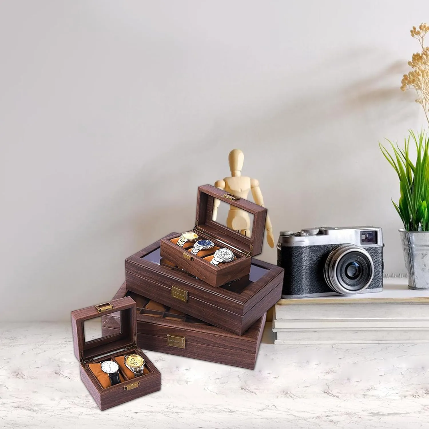 2/3/6/10/12 Slot Watch Storage Box Wood Watch Cases Display Holder With Clear Lid Watch Organizers For Women And Men