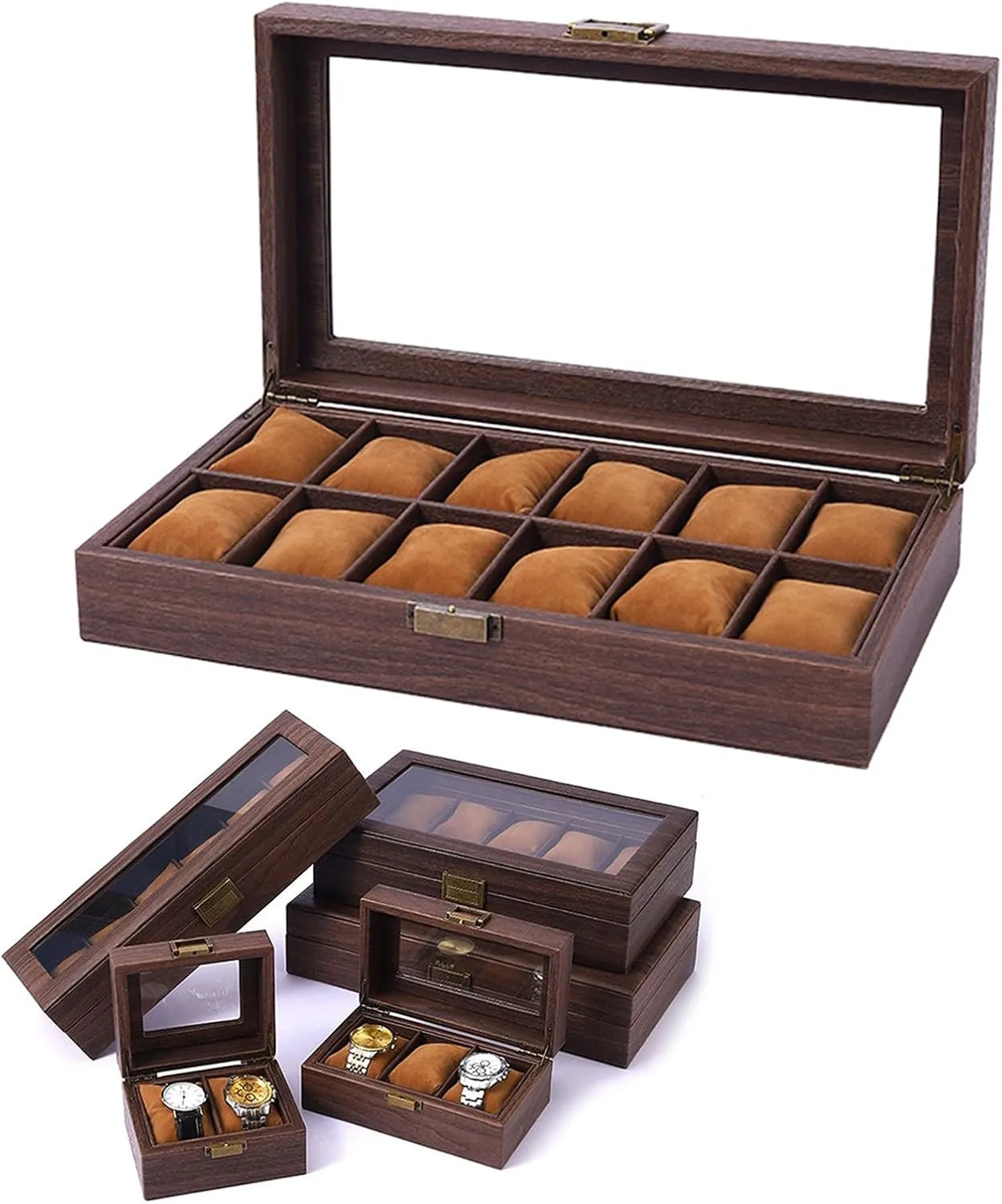 2/3/6/10/12 Slot Watch Storage Box Wood Watch Cases Display Holder With Clear Lid Watch Organizers For Women And Men