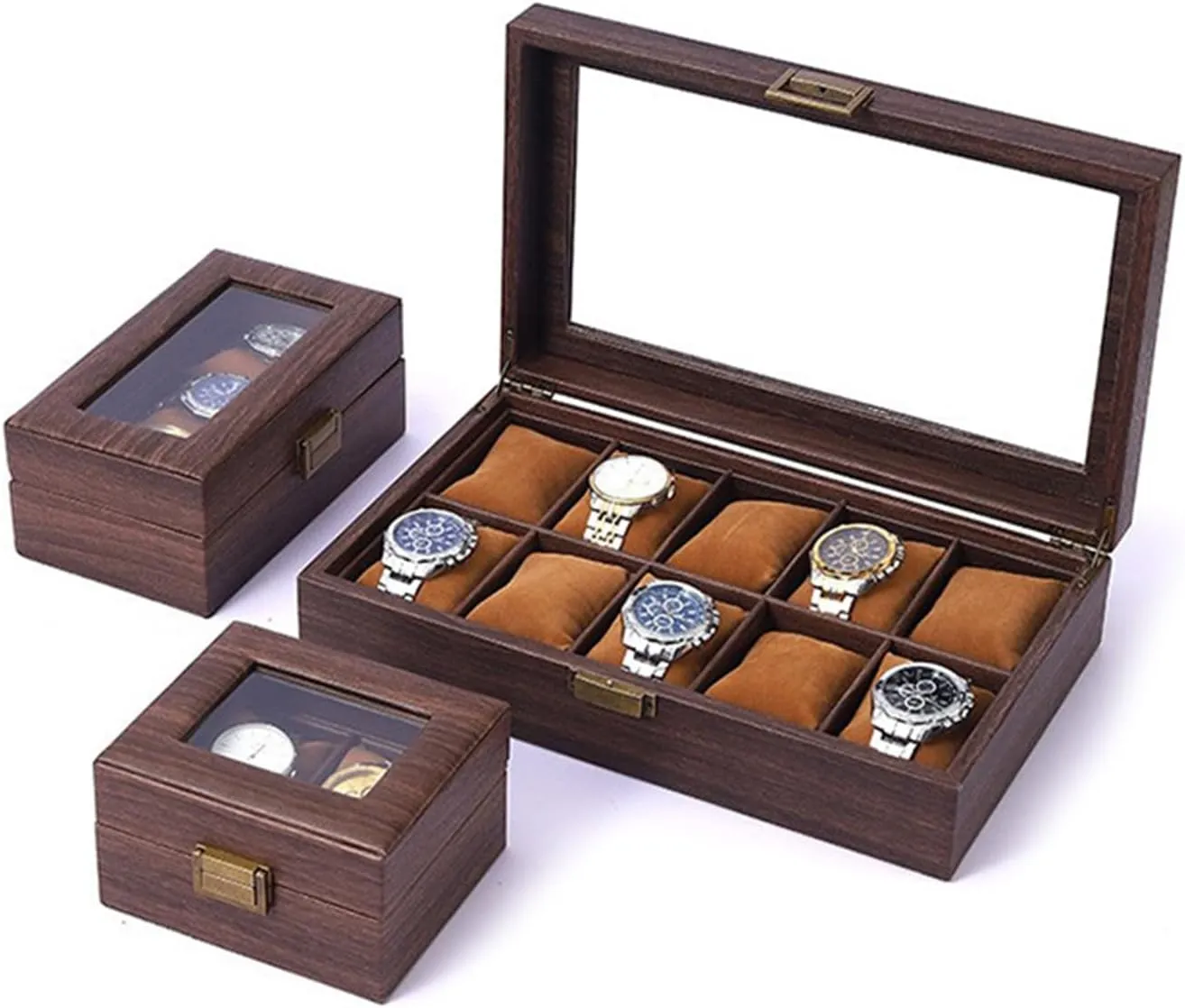 2/3/6/10/12 Slot Watch Storage Box Wood Watch Cases Display Holder With Clear Lid Watch Organizers For Women And Men