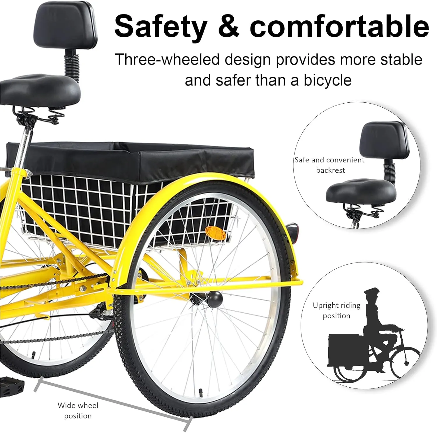 26 inch Adult Tricycle, 7 Speed 3 Wheel Bike for Women Men, Cruise Trike Bike with Shopping Basket, Adjustable Seat, Multiple Colors