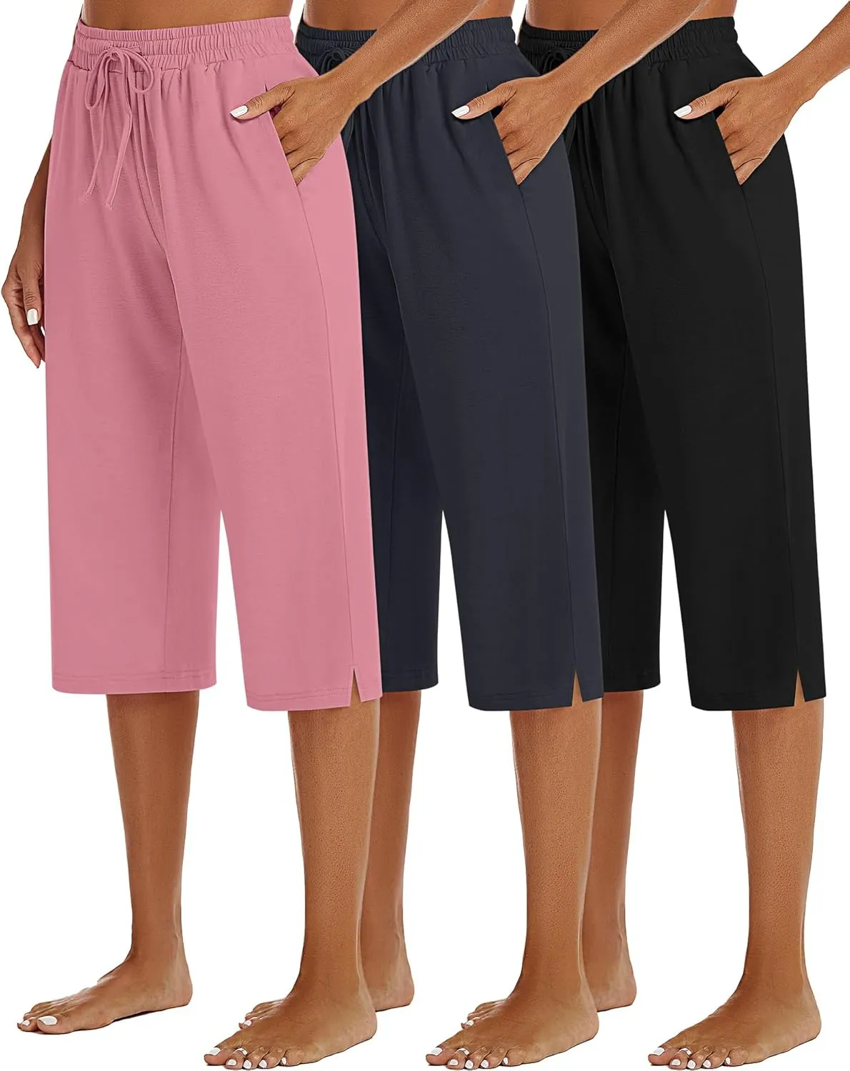 3 Pack Women's Capris Wide Leg Capri Pants Drawstring Pajama Sweatpants Women Lounge Pants with Pockets