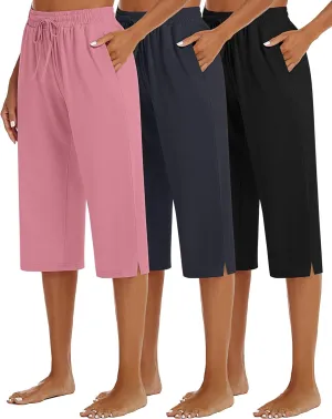 3 Pack Women's Capris Wide Leg Capri Pants Drawstring Pajama Sweatpants Women Lounge Pants with Pockets