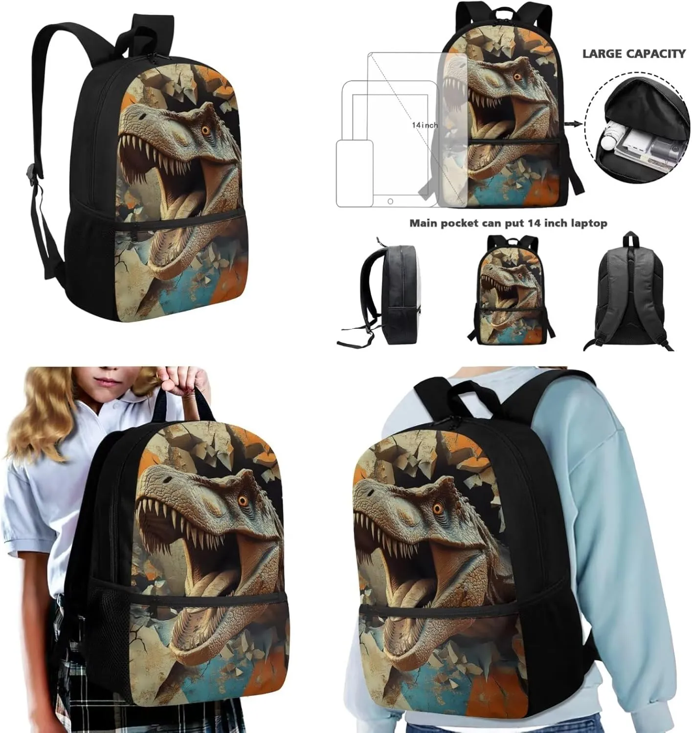 3 Piece Backpack Set for Boys Kindergarten Lightweight Ergonomic School Bag with Lunch Box Spacious Dinosaur Bookbag Ages 5-6 for Outdoor Travel 17 Inch