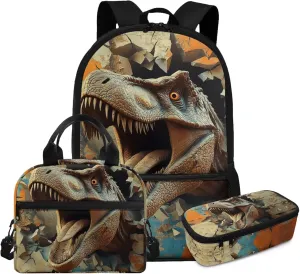 3 Piece Backpack Set for Boys Kindergarten Lightweight Ergonomic School Bag with Lunch Box Spacious Dinosaur Bookbag Ages 5-6 for Outdoor Travel 17 Inch