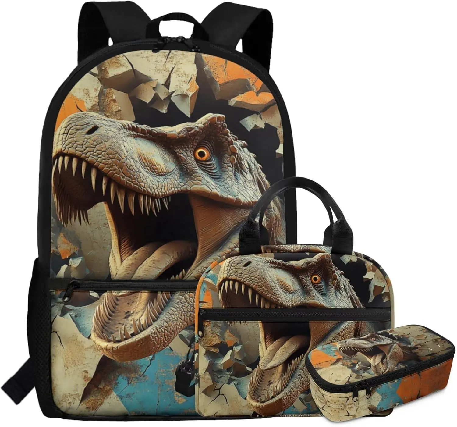 3 Piece Backpack Set for Boys Kindergarten Lightweight Ergonomic School Bag with Lunch Box Spacious Dinosaur Bookbag Ages 5-6 for Outdoor Travel 17 Inch