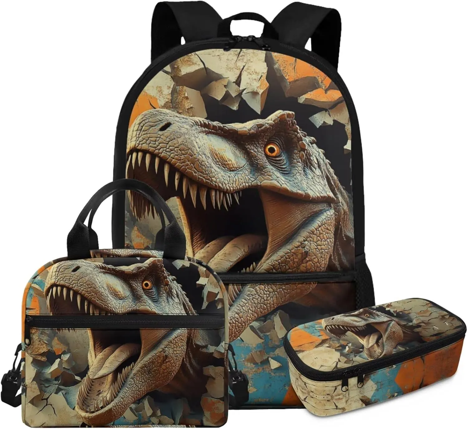 3 Piece Backpack Set for Boys Kindergarten Lightweight Ergonomic School Bag with Lunch Box Spacious Dinosaur Bookbag Ages 5-6 for Outdoor Travel 17 Inch