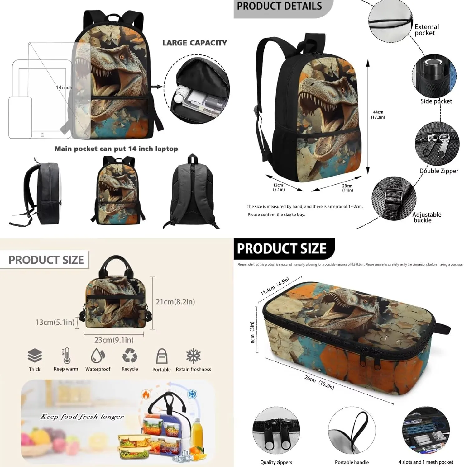 3 Piece Backpack Set for Boys Kindergarten Lightweight Ergonomic School Bag with Lunch Box Spacious Dinosaur Bookbag Ages 5-6 for Outdoor Travel 17 Inch