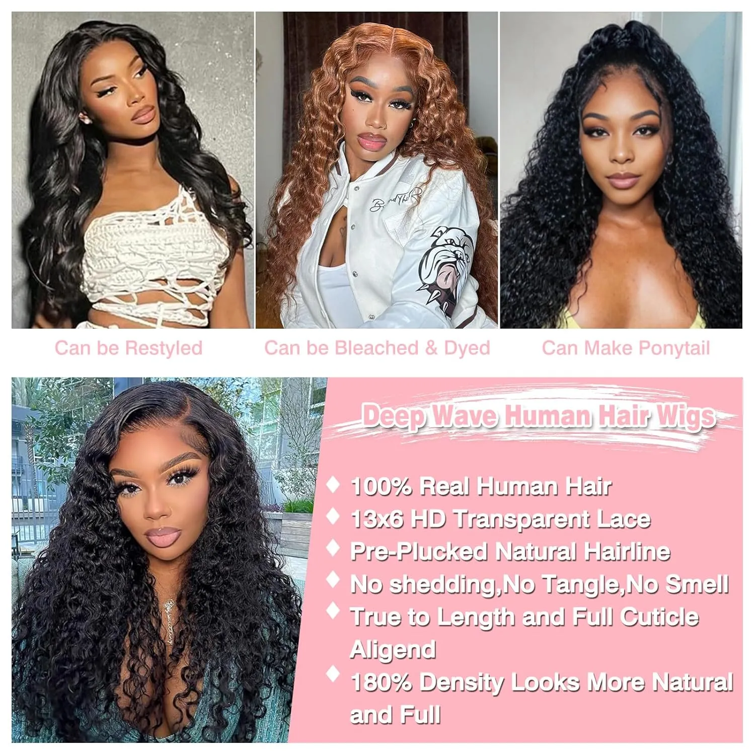 30 Inch 13x6 Deep Wave Lace Front Wigs Human Hair HD Full Lace Frontal Wigs Pre Plucked Bleached Knots 180% Density Deep Curly Human Hair Wig Natural Color
