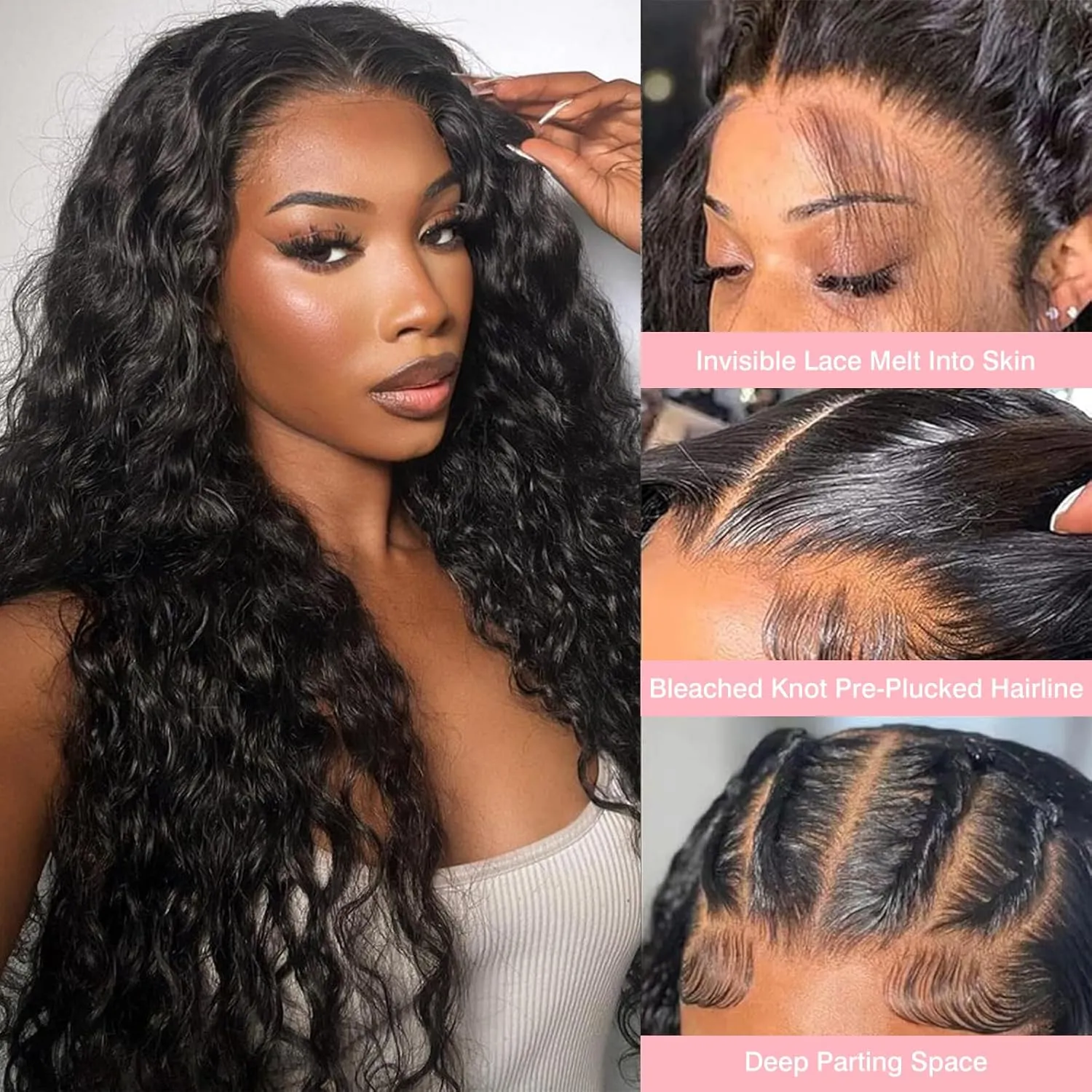 30 Inch 13x6 Deep Wave Lace Front Wigs Human Hair HD Full Lace Frontal Wigs Pre Plucked Bleached Knots 180% Density Deep Curly Human Hair Wig Natural Color