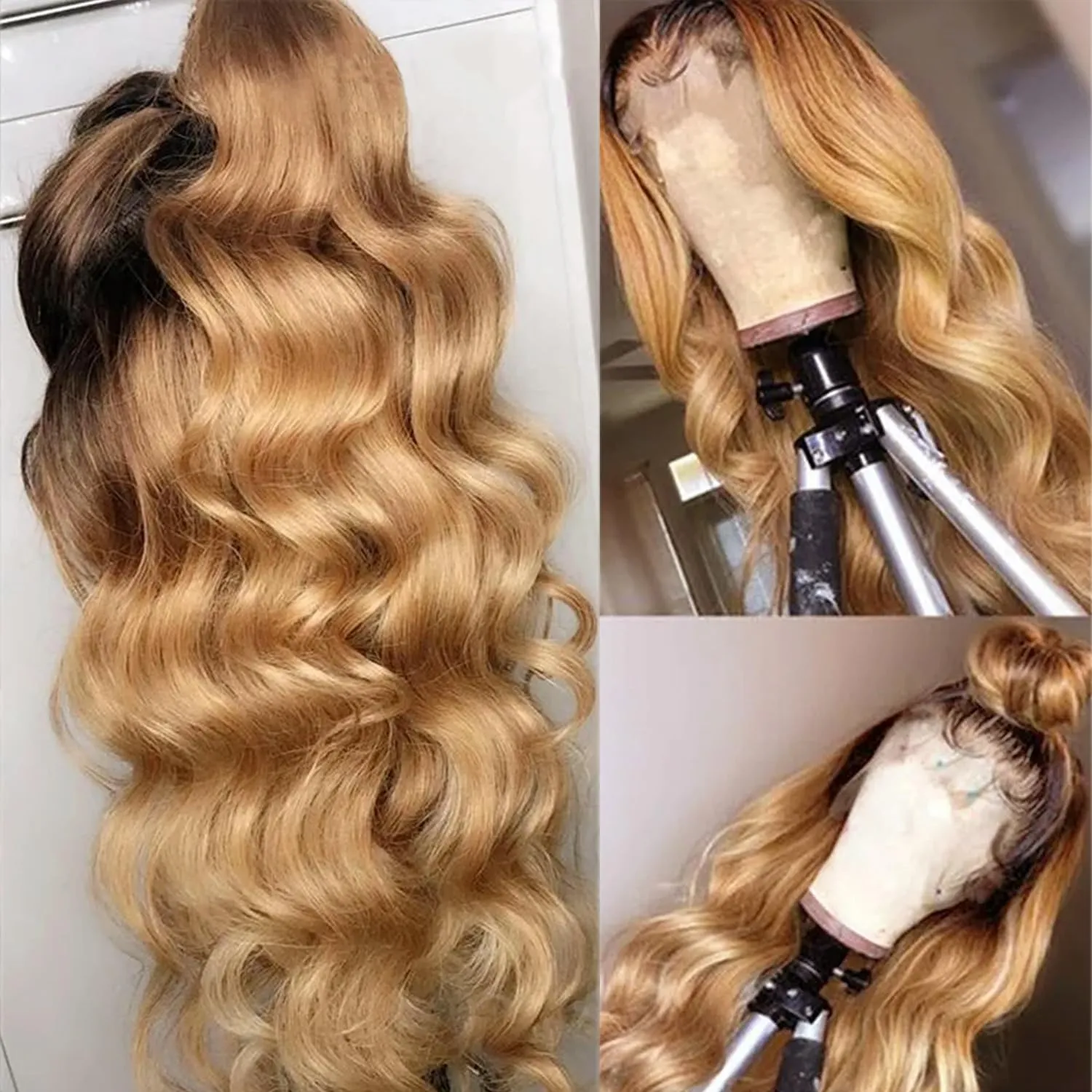 34 Inch Ombre 13x6 Body Wave Lace Front Wigs Human Hair Pre Plucked Brown to Honey Blonde Glueless Wigs Human Hair Brazilian Curly Lace Front Wig 180% Density 13x6 HD Frontal Wig for Black Women